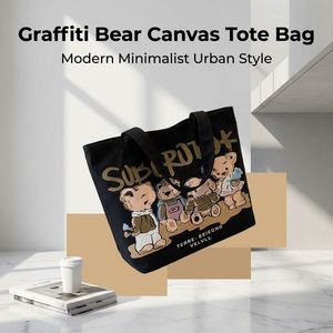 Bolsa de Mano Plegable de Lona Negra con Estampado de Oso Graffiti, Gran Capacidad, Estilo Urbano, para Compras Diarias y Regalos - Product Image 1