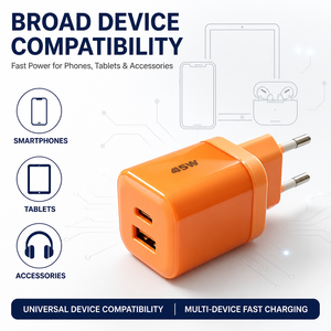 Cargador de Pared de 45W con Doble Puerto A+C, Enchufe Europeo, Carga Rápida PD PPS para Teléfono Móvil y Tableta, Naranja - Product Image 5