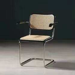 Comfortable Vintage <b>Mid</b> <b>Century</b> Style Cafe Arm <b>Chairs</b> Iron Rattan Seat <b>Dining</b> <b>Chair</b> with Leather Cushion - Product Image 5