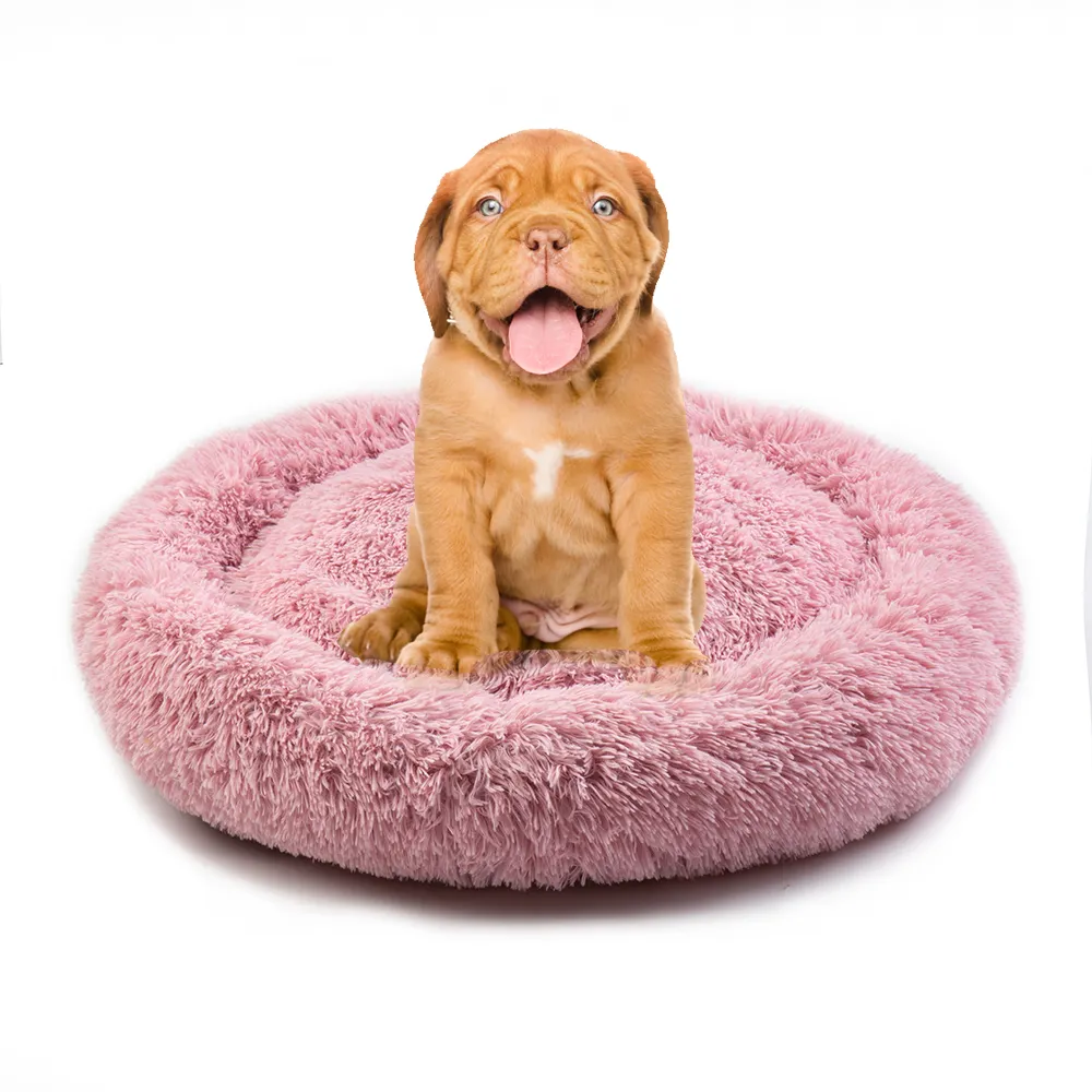 Roze Donut Cuddler Bed Warming Gezellige Zachte Hond Ronde Bed Pluizige Faux Fur Pluche Hond Kat Bed