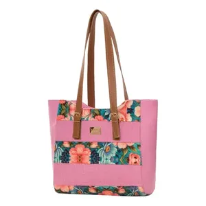 Bolso Tote para Mujer Fana Elio, Color Rosa, Yute, Bordado Floral, Borlas, Cierre de Cremallera Abierta, Forro de Algodón, Estilo Bohemio, Uso Diario - Product Image 1