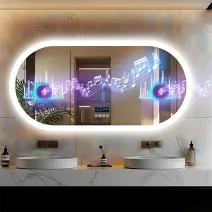Grand miroir de salle de bain Miroir de courtoisie LED ovale mural avec Bluetooth, affichage numérique, éclairage arrière avant, anti-buée pour hall d'hôtel - Product Image 1