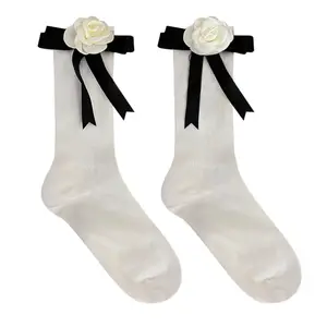 New design bow ribbon flower cotton tube girls pile socks Lolita JK soft socks with handmade flower