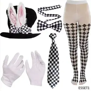 Conjunto de Disfraz de Conejo Blanco: <span class=keywords><strong>Sombrero</strong></span> <span class=keywords><strong>Loco</strong></span>, Orejas de Conejo, Gafas, Lazo, Guantes, 100% Algodón, Accesorios para Playa, <span class=keywords><strong>Pascua</strong></span>, Halloween - Product Image 1