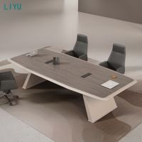 Table de conférence exécutive moderne incurvée pour 10 personnes, table de salle de réunion avec plateau en bois grainé et base en panneau métallique