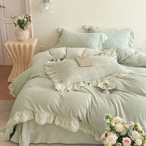 ชุดผ้าทอลายลูกไม้สีทึบชุดผ้ากำมะหยี่นม4ชิ้นสำหรับเด็กผู้หญิงเจ้าหญิงสีชมพูขอบใบบัวชุดสี่ชิ้น - Product Image 5