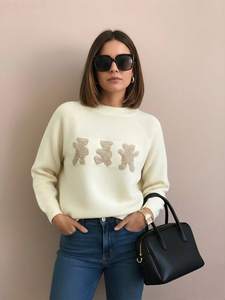 Trending Anti-Wrinkle Casual Teddy Bear White Sweater for Coffee Date and Daily Outfit Soft Texture Knitted Pullover <strong>Jumper</strong> Top - Product Image 6