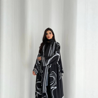 Abaya ouverte en polyester à imprimé géométrique noir et blanc élégante avec hijab, robe longue ample pour femmes, pour tous les jours, les fêtes et les occasions spéciales