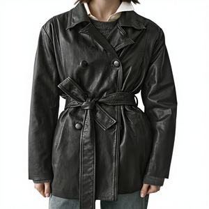 Veste universitaire en peau de mouton noire pour femme, double boutonnage, ceinture, écologique, longueur classique, vêtements d'extérieur décontractés, automne-hiver, coton - Product Image 1