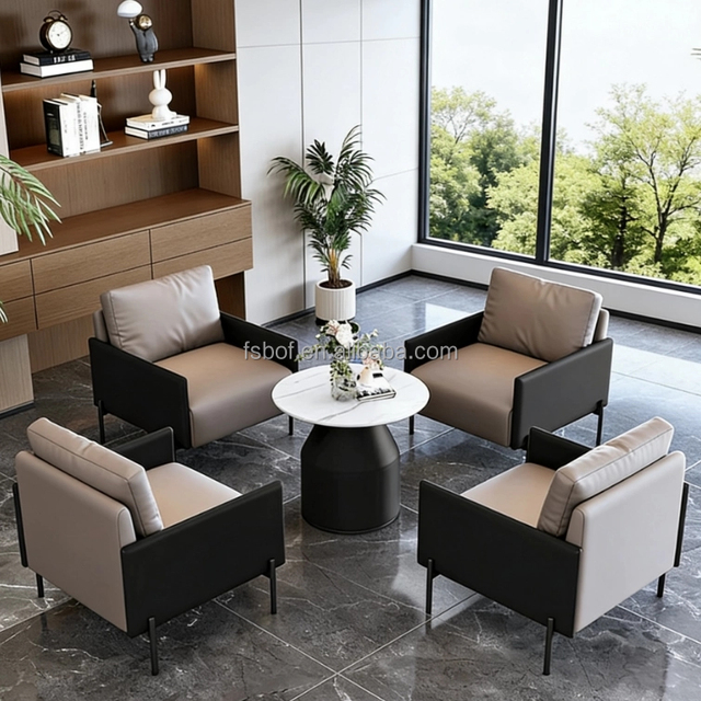 Two-tone Dark Green Beige PU Leather Armchair Set Round Marble Top Coffee Table Office Lobby Waiting Furniture Wholesale Supply