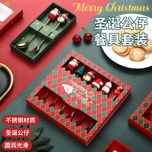Juego de cuchara y tenedor navideños de acero inoxidable, diseño de dibujos animados, acabado espejo, caja de regalo para vajilla de fiesta navideña - Product Image 1