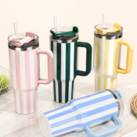 Gobelet isotherme 40 oz en acier inoxydable 304 à rayures verticales avec poignée et couvercle à paille transparente, couleur rétro, pour l'été – Vente en gros