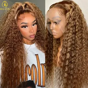 30 Inch Highlight Ombre 13X4 Krullend Menselijk Haar Lace Frontale Pruik Brazilian Remy Honingblonde Deep Wave T Part Front Pruik Voor Vrouwen