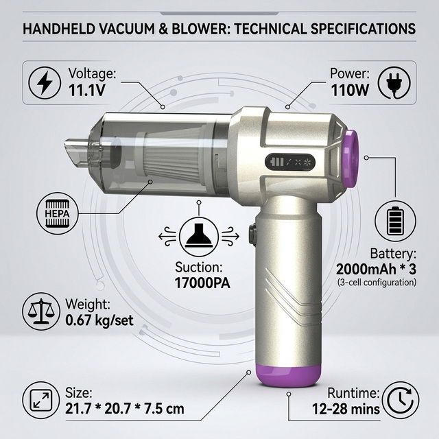 28Min Runtime Cordless Car Vacuum 17kPa Strong Suction, Dual Voltage 11.1V for Pet Hair & Deep Cleaning |