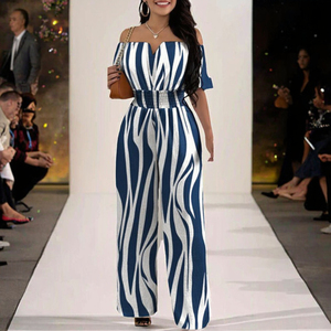 Combinaisons pour femmes, style décontracté, sexy, à fines bretelles, à rayures, coupe ajustée, pantalon long à jambes larges, sans manches, respirantes, taille haute - Product Image 3