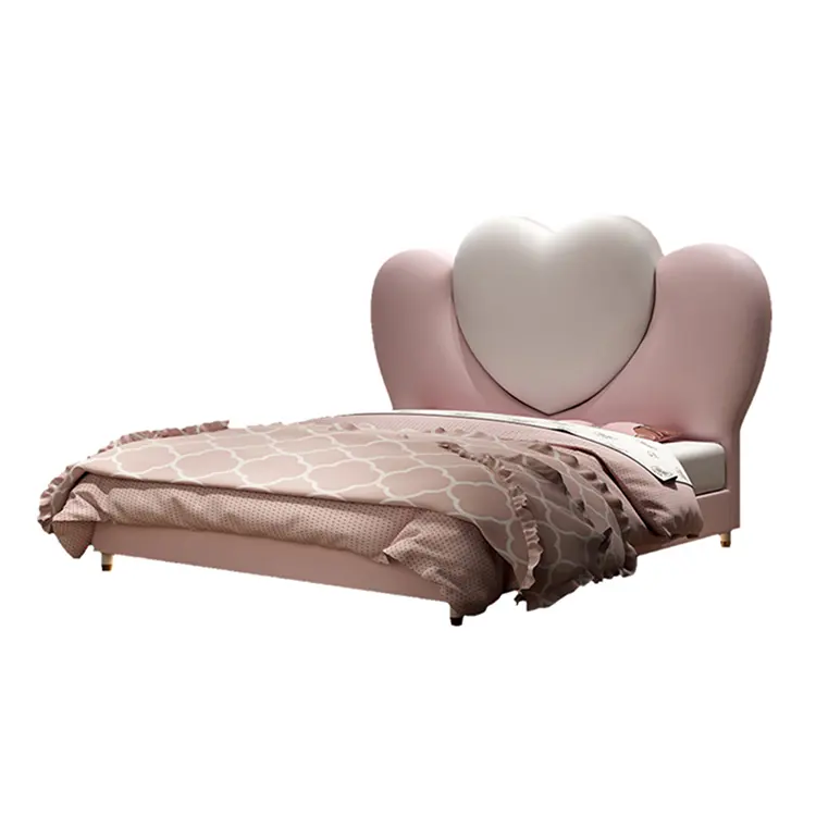 마키 가죽 소녀 현대 핑크 퀸 사이즈 단단한 나무 아이 침대 프레임 룸 가구 세트 부드러운 침대