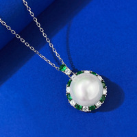 Collier pendentif en perle d'eau douce de 12 mm, argent sterling 925, halo vert CZ, plaqué or rhodié, bijoux vintage pour femmes