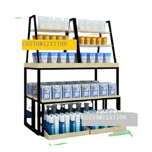 Factory Customized Fashion Steel Wood high-quality cosmetic Metal Wood Double-sided display shelf