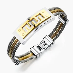 Marlary-Bracelet manchette en acier inoxydable, or 18K, argent, 3 rangs, fil torsadé, pour hommes et femmes