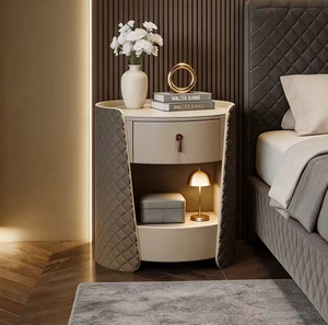 Table de chevet minimaliste italienne ronde en cuir véritable avec plateau en pierre frittée, table de chevet de luxe en bois massif pour chambre à coucher - Product Image 2