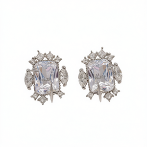 Boucles d'oreilles de luxe en forme de bouclier, en cristal, argent 925, bijoux de soirée pour femme, sertissage griffe en strass, blanc champagne - Product Image 1