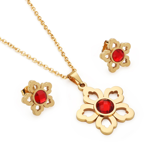 Oferta Especial: Conjunto de Joyería de Acero Inoxidable con Flores, Collar de Cadena Fina con Colgante de Corazón Hueco y Pétalos, y Pendientes de Cristal Rojo - Product Image 1