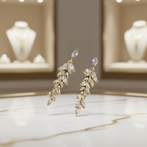 Boucles d'oreilles pendantes en cristal plaqué or pour femme, motif végétal romantique, bijoux de mariage, sertissage griffe en or 18 carats - Product Image 2