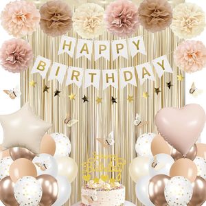 Kits de Décorations Joyeux <span class=keywords><strong>Anniversaire</strong></span> Or <span class=keywords><strong>Beige</strong></span> Automne Bohème avec Ballons en Aluminium et Bannière d'<span class=keywords><strong>Anniversaire</strong></span> - Product Image 1