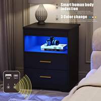 Table de chevet moderne et contemporaine avec 2 tiroirs, port de charge USB Type-C, lumière LED à capteur humain, bois de pin, chambre à coucher, maison