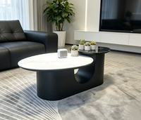Set Meja Kopi Marmer Modern dengan Bagian Atas Kaca Tempered dan Rangka Logam Hitam Dekorasi Furnitur Ruang Tamu Kontemporer