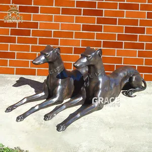 Estatua de Metal de tamaño real para perro sentado, par de bronce, Galgo, perro sentado