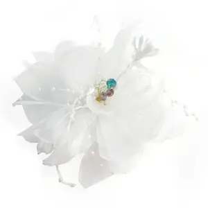 Charm White Flower Headwear Hair Clip Brooch Chiffon Crystal Bead Fascinator For Women Wedding Dancing Decor