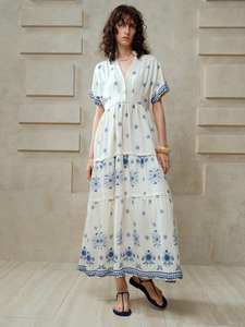 Vestido Maxi Mexicano Más Vendido de Moda 2025, 100% Algodón Tejido, Bordado con Pavo Real Colorido, Estilo Vintage, Vestido Hippie Folclórico - Product Image 5