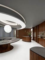 Conception moderne de magasin d'optique sur mesure avec mobilier complet pour l'exposition de lunettes, finitions en bois écologiques, équipements complets pour la vente au détail