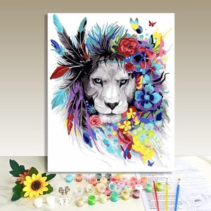 Paint by Numbers Lion with Flowers and Feathers Canvas Art Kit Modern Animal Design Handmade Decoration - Product Image 1