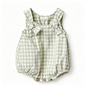 Romper a Cuadros Verde para Bebés Niñas, Sin Mangas, de Algodón, con Detalle de Lazo, Body de Verano para Bebés y Niñas Pequeñas, Cuello Cuadrado, Cierre de Botones - Product Image 2