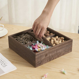 Solid Wood Divided Snack <b>Tray</b> 4 Compartments Square Shape For Fruit Nuts Candy Storage Home Living Room Use - Product Image 2