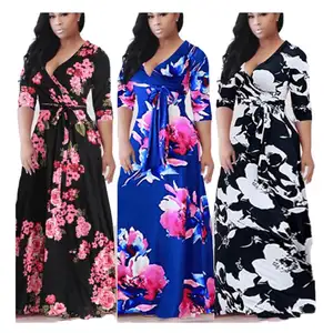 S-5XL 2022 Summer Cheap Plus size Women Clothing Casual Long sleeve Deep V Neck Floral Print Maxi Split Dress With 5XL