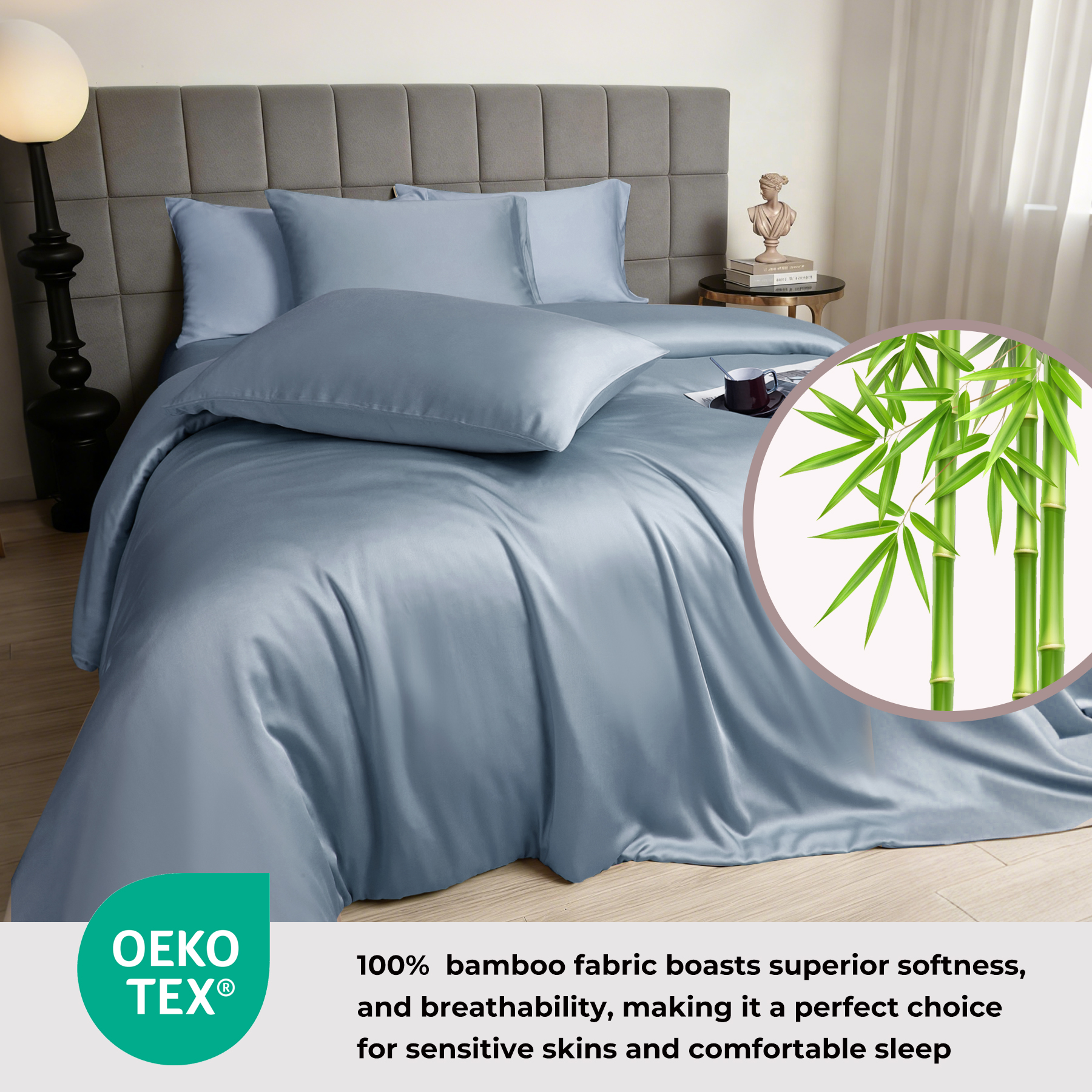 Deep Pocket Fitted 100% Bamboo Fiber Modern Duvet Cover Bedding Set Elastic 300tc Thread Count Solid Pattern All-Season Use
