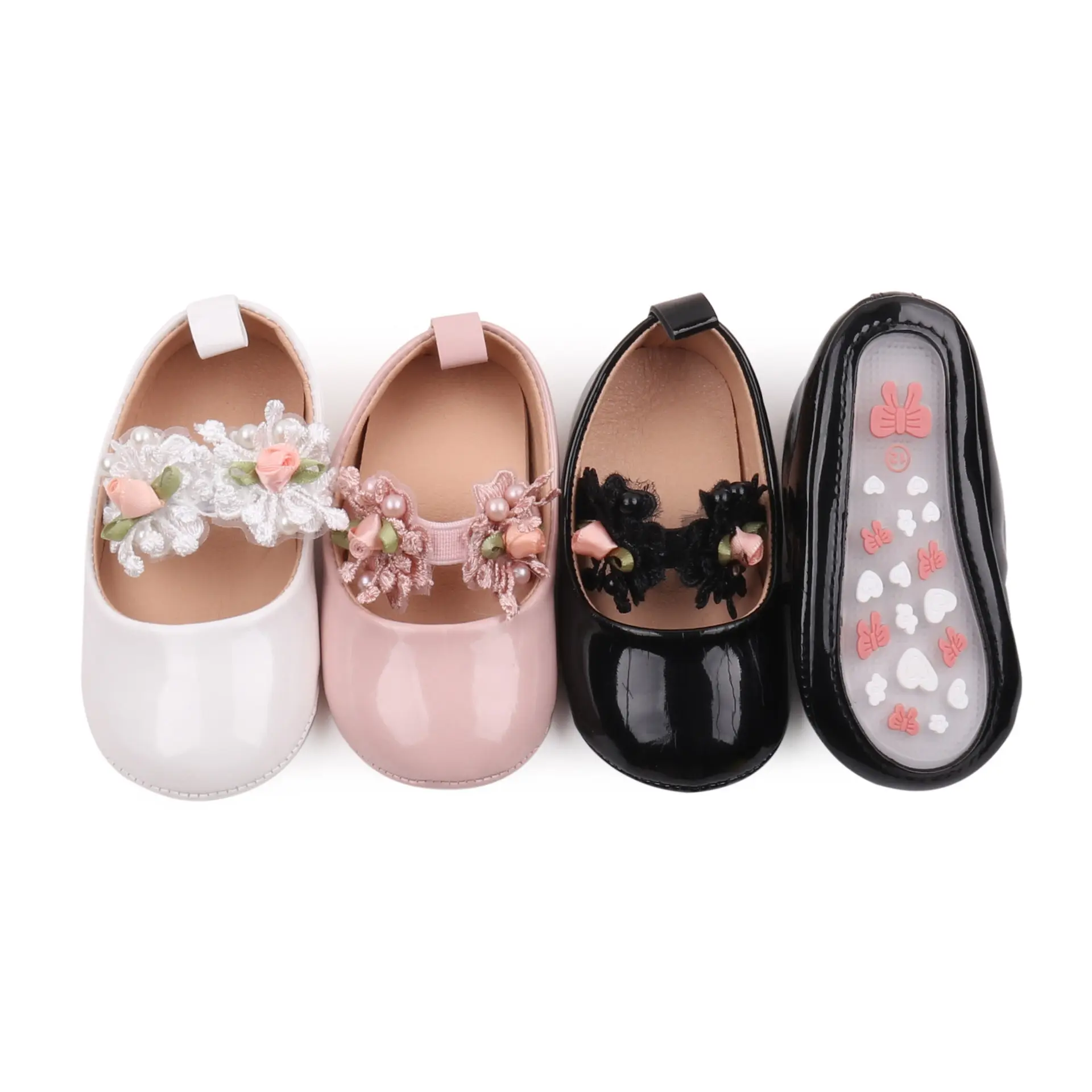 Sapatos infantis de renda elástica brilhante para bebês e meninas, moda de boca leve, cor sólida e flor