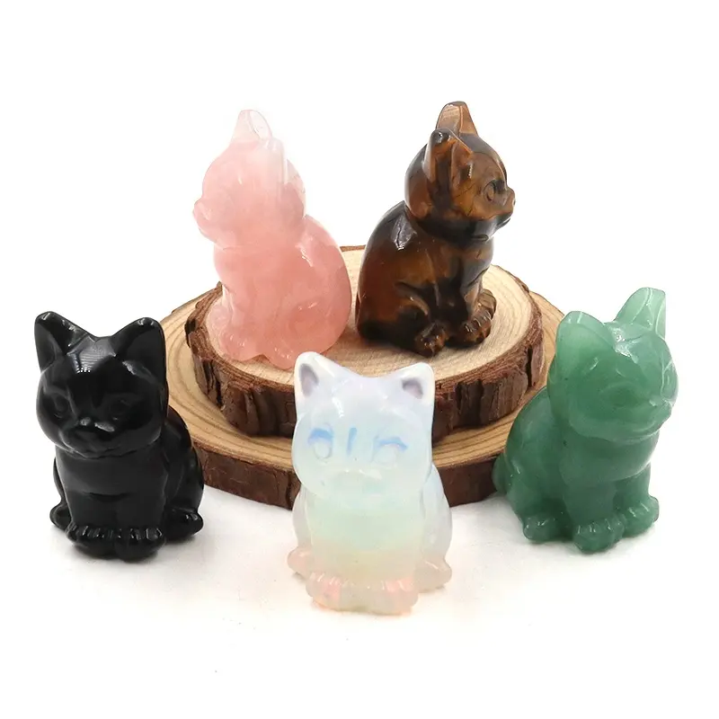 2 Inch Natural Stone Crystals Healing Stone Carved Animal Cat Figurines Statue Crystal Carving Crafts For Home Decoration