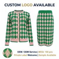 Vente en gros de cardigan pour femmes personnalisé à col rond avec manches longues et ensemble deux pièces en tricot jacquard à motifs diamants doux