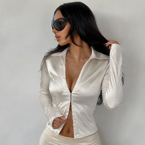 Blusa de Mujer de Color Sólido con Botones Delanteros, Manga Larga, Cuello Tipo Capucha, Corte Regular, Camisa de Trabajo de Oficina de Alta Calidad, Tejido Liso Teñido - Product Image 6