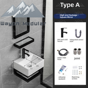 Lavabo da Parete in Stile Industriale Premium con Specchio con Cornice Nera <span class=keywords><strong>e</strong></span> Mensola Portaoggetti, Mobile Bagno Minimalista Compatto - Product Image 6