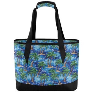 Sac fourre-tout bleu à imprimé tropical, sac à main palmier, grand sac isotherme personnalisé avec fermeture éclair, sac à bandoulière - Product Image 1