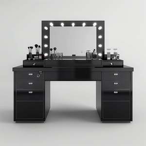 Table de toilette moderne européenne en bois massif noir de luxe sur mesure avec miroir de rangement et tiroirs pour appartement chambre à coucher - Product Image 6