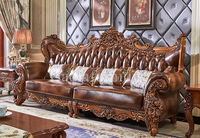 Europäischer Stil Echtleder-Sofa 123 Kombination Massivholz Geschnitzt Große Villa Luxus Ganzes Haus Amerikanische Möbel