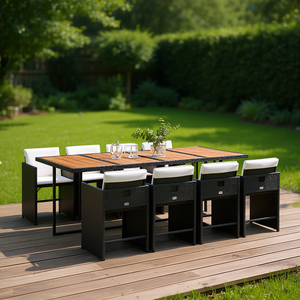 Ensemble de salle à manger d'extérieur en rotin noir 8 places avec plateau en teck et structure en acier, mobilier de jardin contemporain résistant aux intempéries pour terrasse - Product Image 2