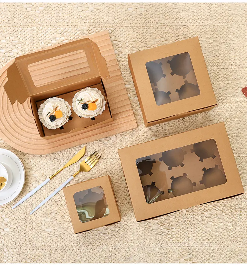 wholesale 2 4 6-piece Kraft paper Muffin cup cake box egg tart box with window dessert cupcake packing box