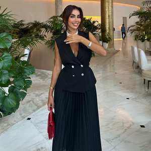 Yaz İndirimleri Yeni Stil Moda Kadın 2 Parça V Yaka Yelek Bluz Pilili Etek Günlük Takım - Product Image 6